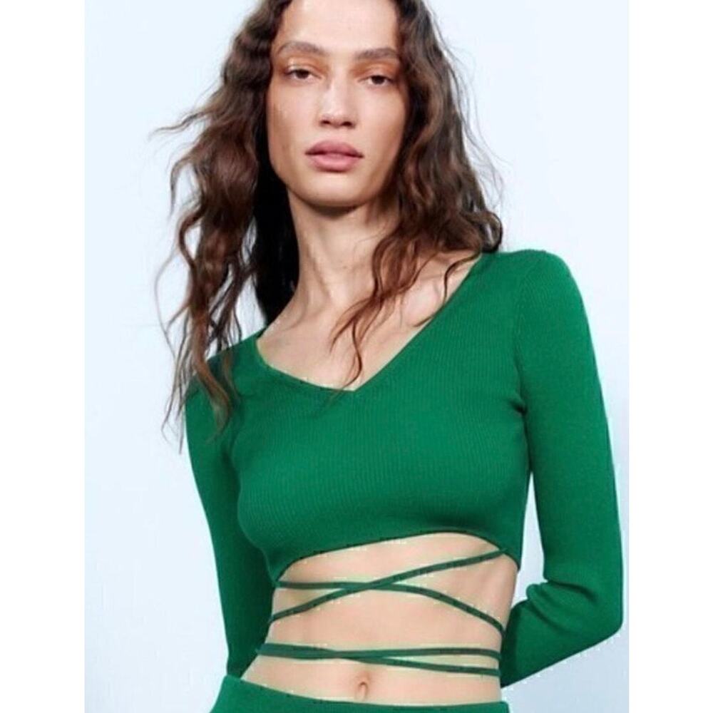 ZARA Green Ribbed Wrap Tie Crop Top Long Sleeve Cutout Small